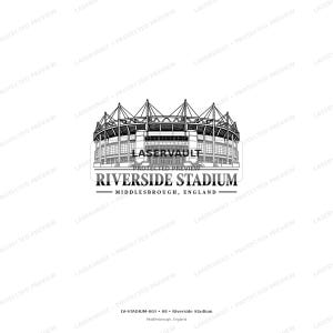 May include: A black and white line art illustration of the Riverside Stadium in Middlesbrough, England. The graphic features the stadium's architectural structure with its distinctive roof supports, accompanied by the text Riverside Stadium.