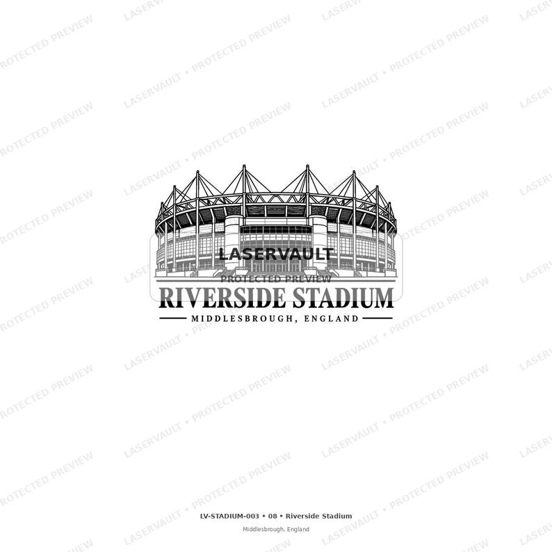 May include: A black and white line art illustration of the Riverside Stadium in Middlesbrough, England. The graphic features the stadium's architectural structure with its distinctive roof supports, accompanied by the text Riverside Stadium.