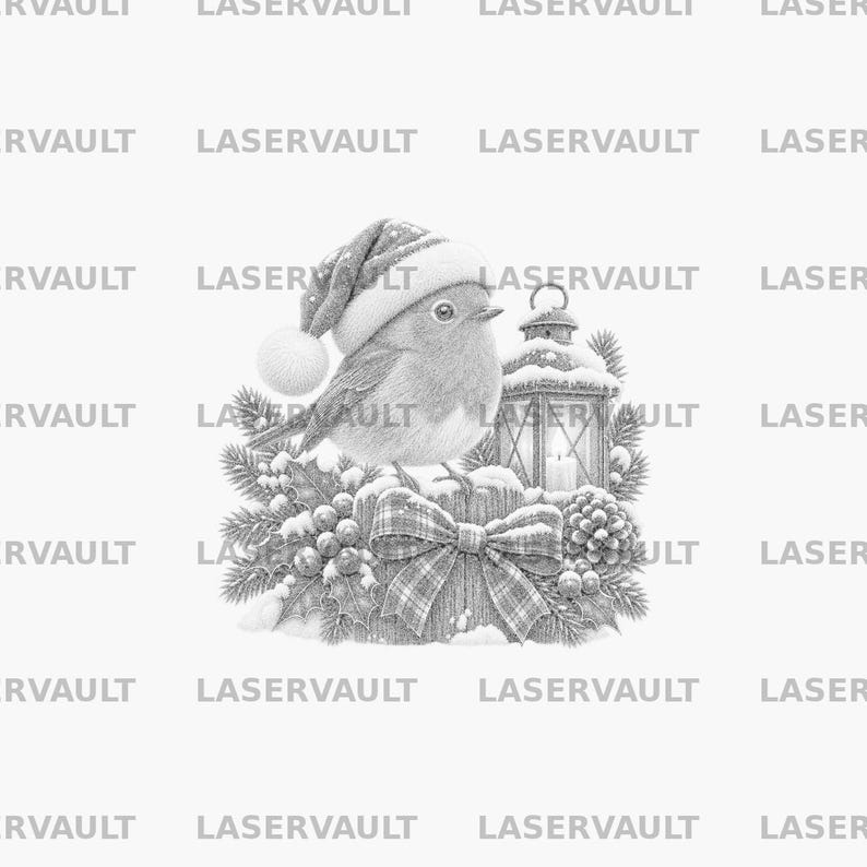 May include: A greyscale pencil-style illustration of a small bird wearing a Santa hat, perched on a wooden stump. The scene includes a lantern, pine branches, holly berries, and a large bow, all dusted with snow. The word LASERVAULT repeats in the background.