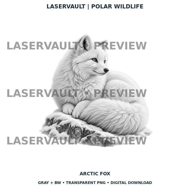 Op de afbeelding: Een zwart-witte digitale illustratie van een poolvos die op een met sneeuw bedekte rots rust. De afbeelding bevat de tekst LASERVAULT | POLAR WILDLIFE bovenaan en ARCTIC FOX GRAY + BW &bull; TRANSPARENT PNG &bull; DIGITAL DOWNLOAD onderaan.