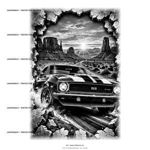 Może przedstawiać: Czarno-biała ilustracja graficzna samochodu typu muscle car z emblematem SS, przebijającego się przez pęknięty kamienny mur. W tle widać pustynny krajobraz ze wzniesieniami typu mesa i jasnym słońcem. Tekst LASERVAULT PROTECTED PREVIEW powtarza się.