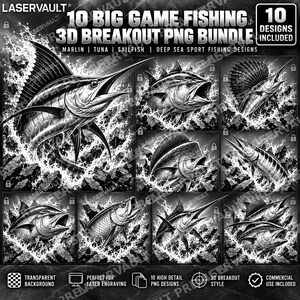 May include: A digital bundle of 10 black and white 3D breakout PNG designs featuring various big game fish like marlin, tuna, and sailfish leaping from water with splashing effects. The text reads 10 BIG GAME FISHING 3D BREAKOUT PNG BUNDLE.