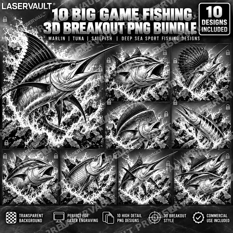 May include: A digital bundle of 10 black and white 3D breakout PNG designs featuring various big game fish like marlin, tuna, and sailfish leaping from water with splashing effects. The text reads 10 BIG GAME FISHING 3D BREAKOUT PNG BUNDLE.