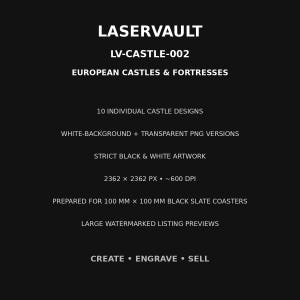 Puede incluir: Un gr&aacute;fico digital negro con texto blanco: LASERVAULT, LV-CASTLE-002, EUROPEAN CASTLES & FORTRESSES, 10 INDIVIDUAL CASTLE DESIGNS, WHITE-BACKGROUND + TRANSPARENT PNG VERSIONS, STRICT BLACK & WHITE ARTWORK, 2362 X 2362 PX, 100 MM X 100 MM.