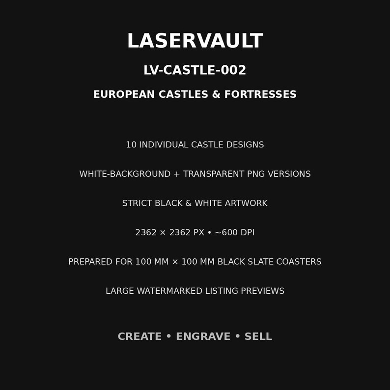 Puede incluir: Un gr&aacute;fico digital negro con texto blanco: LASERVAULT, LV-CASTLE-002, EUROPEAN CASTLES & FORTRESSES, 10 INDIVIDUAL CASTLE DESIGNS, WHITE-BACKGROUND + TRANSPARENT PNG VERSIONS, STRICT BLACK & WHITE ARTWORK, 2362 X 2362 PX, 100 MM X 100 MM.