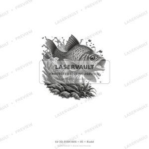 May include: A grayscale illustration of a fish swimming among aquatic plants and rocks with water splashes. The image features the text LASERVAULT PROTECTED LISTING PREVIEW and the label LV-3D-FISH-004 05 Rudd at the bottom of the design.