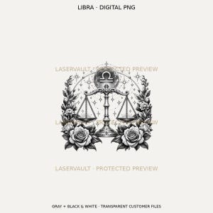 Puede incluir: Un gr&aacute;fico digital en blanco y negro que presenta el s&iacute;mbolo del zodiaco Libra, una balanza bajo una luna, rodeado de detallados arreglos de rosas y acentos de estrellas. El texto dice LIBRA DIGITAL PNG.