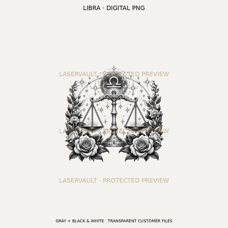 Puede incluir: Un gr&aacute;fico digital en blanco y negro que presenta el s&iacute;mbolo del zodiaco Libra, una balanza bajo una luna, rodeado de detallados arreglos de rosas y acentos de estrellas. El texto dice LIBRA DIGITAL PNG.