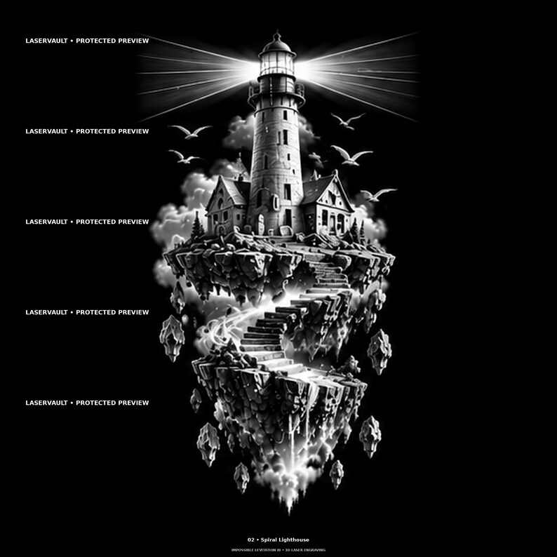 May include: A black and white graphic illustration of a lighthouse atop a floating island with a spiral staircase descending to a lower rock formation. The image features birds, clouds, and the repeated text LASERVAULT PROTECTED PREVIEW.