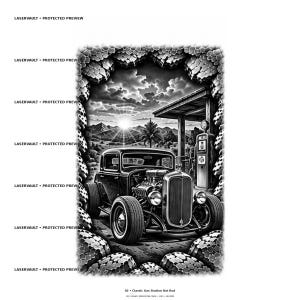 Puede incluir: Una ilustraci&oacute;n gr&aacute;fica en blanco y negro de un coche hot rod aparcado en una gasolinera. La escena est&aacute; enmarcada por un borde de piedra agrietada. El texto LASERVAULT PROTECTED PREVIEW aparece a la izquierda, con 02 Classic Gas Station Hot Rod debajo.