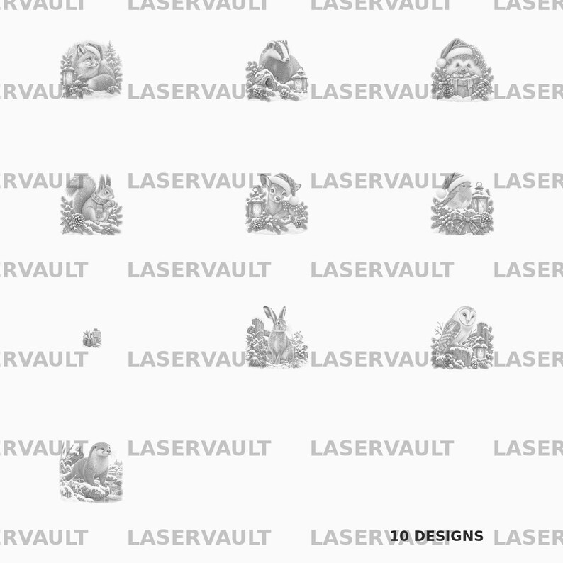 May include: A collection of ten greyscale digital illustrations featuring woodland animals including a fox, badger, raccoon, squirrel, deer, robin, rabbit, owl, and otter, each surrounded by winter foliage and lanterns, with the text 10 DESIGNS.
