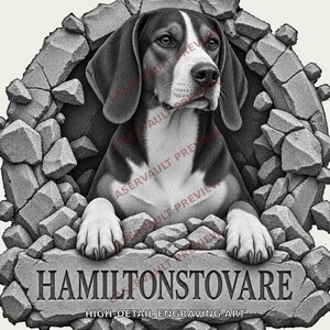 May include: A black and white graphic illustration of a Hamiltonstovare dog emerging from a broken stone wall. The dog has floppy ears and a white chest. Below the dog, the word HAMILTONSTOVARE is engraved in stone with the text HIGH-DETAIL ENGRAVING ART.