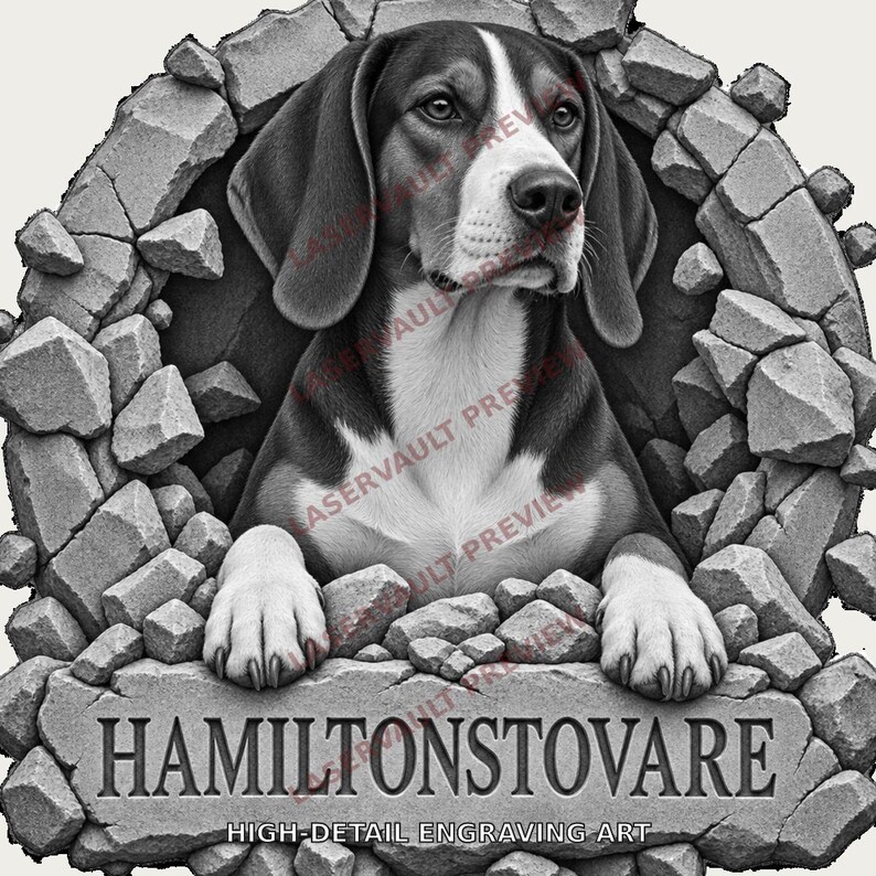 May include: A black and white graphic illustration of a Hamiltonstovare dog emerging from a broken stone wall. The dog has floppy ears and a white chest. Below the dog, the word HAMILTONSTOVARE is engraved in stone with the text HIGH-DETAIL ENGRAVING ART.