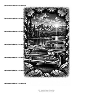 Puede incluir: Una ilustraci&oacute;n gr&aacute;fica en blanco y negro de un coche descapotable cl&aacute;sico aparcado junto a un lago con monta&ntilde;as y un sol naciente de fondo. La escena est&aacute; enmarcada por un borde texturizado de piedra. El texto LASERVAULT PROTECTED PREVIEW aparece repetidamente.