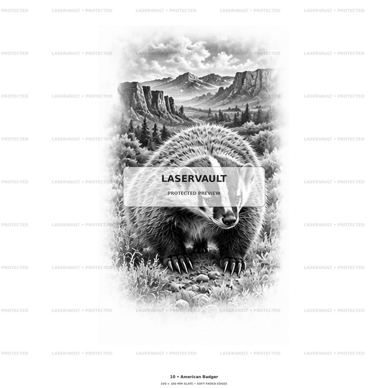 Op de afbeelding: Een zwart-witte grafische illustratie van een Amerikaanse das die in een grasveld staat met een berglandschap op de achtergrond. De afbeelding bevat de tekst LASERVAULT PROTECTED PREVIEW en 10 American Badger 100 x 100 mm slate.