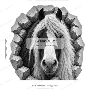May include: A black and white graphic illustration of a Gypsy Cob horse head emerging from a hole in a brick wall. The horse has a thick, flowing mane and a white blaze on its face. The text LASERVAULT PROTECTED PREVIEW is centred on the image.