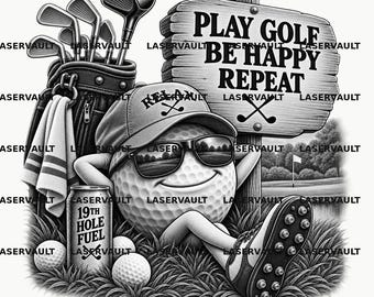 Op de afbeelding: Een zwart-wit grafische illustratie van een golfbal met een zonnebril en een pet met de tekst RELAX, zittend in het gras naast een golftas, een bord met PLAY GOLF BE HAPPY REPEAT en een blikje met de tekst 19TH HOLE FUEL en golfclubs.