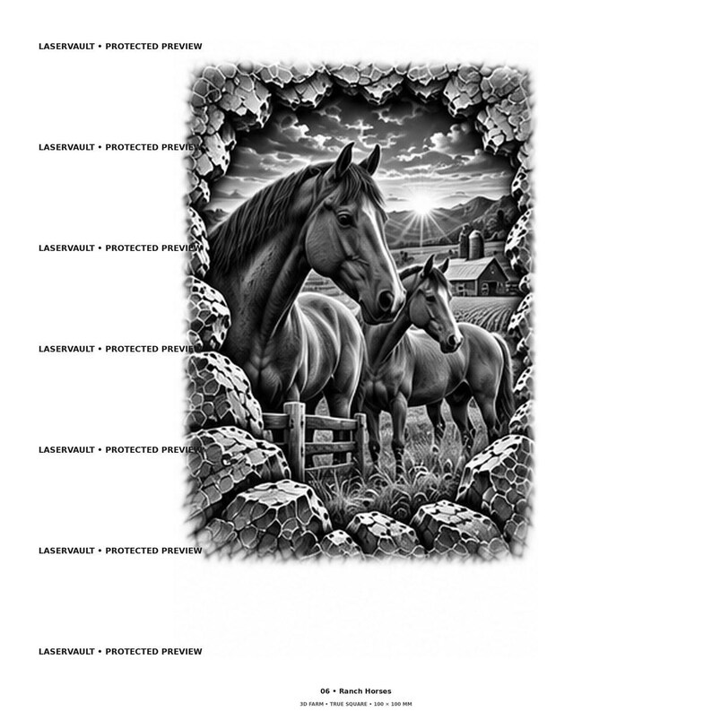 Pu&ograve; includere: Un'illustrazione digitale in bianco e nero di due cavalli in un campo vicino a una staccionata in legno, incorniciata da rocce strutturate. Sullo sfondo, una fattoria con un fienile e dei silos all'alba. Il testo recita LASERVAULT PROTECTED PREVIEW.