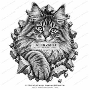 Puede incluir: Una ilustraci&oacute;n gr&aacute;fica en blanco y negro de un gato de pelo largo que emerge de un agujero en una pared de piedra. El gato tiene pelaje detallado, orejas puntiagudas y una pata extendida hacia adelante. El texto LASERVAULT PROTECTED PREVIEW est&aacute; centrado.