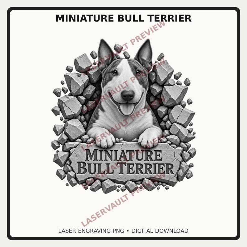 Pu&ograve; includere: Un'illustrazione grafica in bianco e nero di un cane Bull Terrier miniatura che emerge da un mucchio di macerie di pietra grigia. Il cane ha orecchie a punta e un'espressione sorridente. Sotto il cane, una lastra di pietra riporta il testo Miniature Bull Terrier.