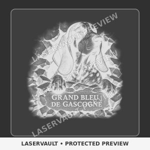 May include: A black and white graphic illustration of a Grand Bleu de Gascogne dog emerging from a broken brick wall. The dog is depicted with long ears and a textured coat. The text "GRAND BLEU DE GASCOGNE" is printed below the dog.