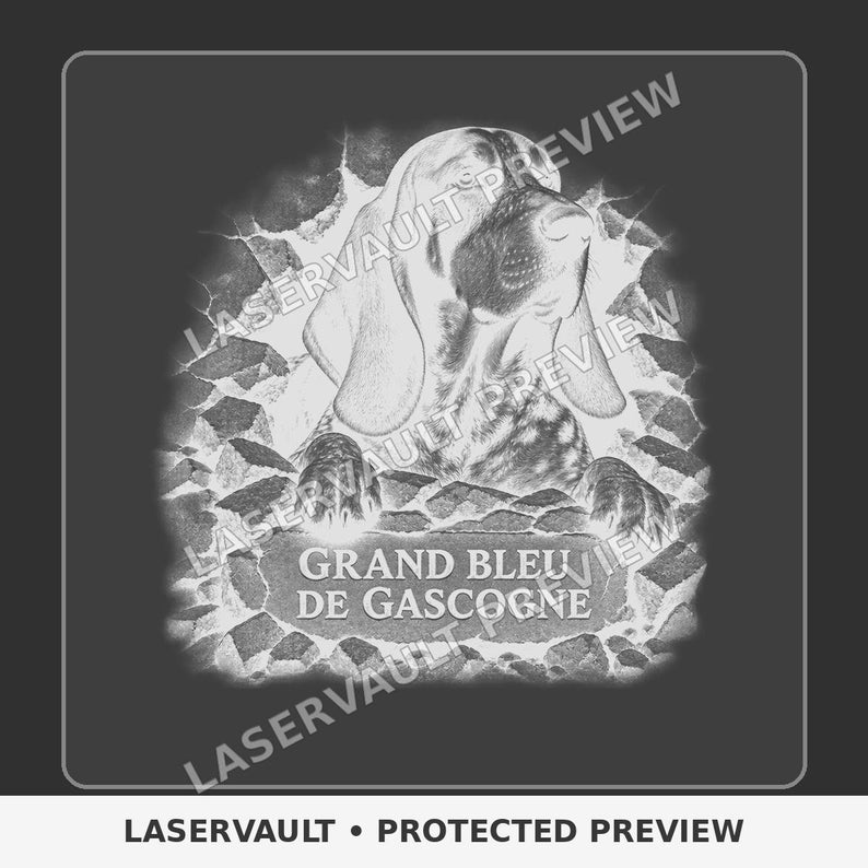 May include: A black and white graphic illustration of a Grand Bleu de Gascogne dog emerging from a broken brick wall. The dog is depicted with long ears and a textured coat. The text "GRAND BLEU DE GASCOGNE" is printed below the dog.