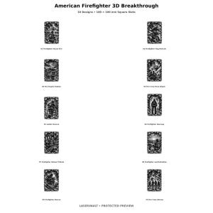 May include: A collection of ten 100 x 100 mm square slate tiles titled American Firefighter 3D Breakthrough. Each tile features a detailed black and white engraved scene depicting firefighters, fire engines, equipment, and a dalmatian dog.