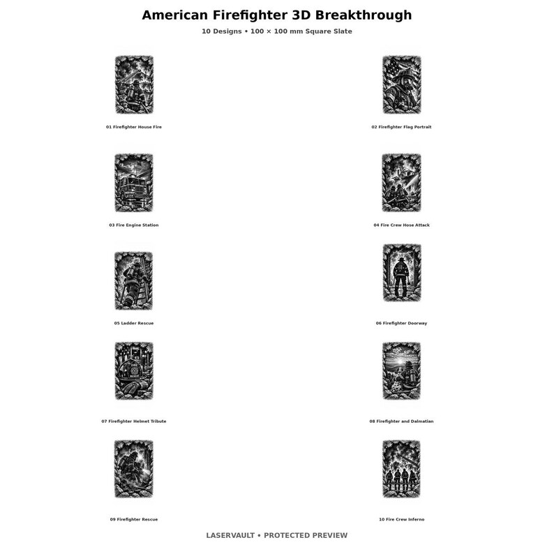 May include: A collection of ten 100 x 100 mm square slate tiles titled American Firefighter 3D Breakthrough. Each tile features a detailed black and white engraved scene depicting firefighters, fire engines, equipment, and a dalmatian dog.