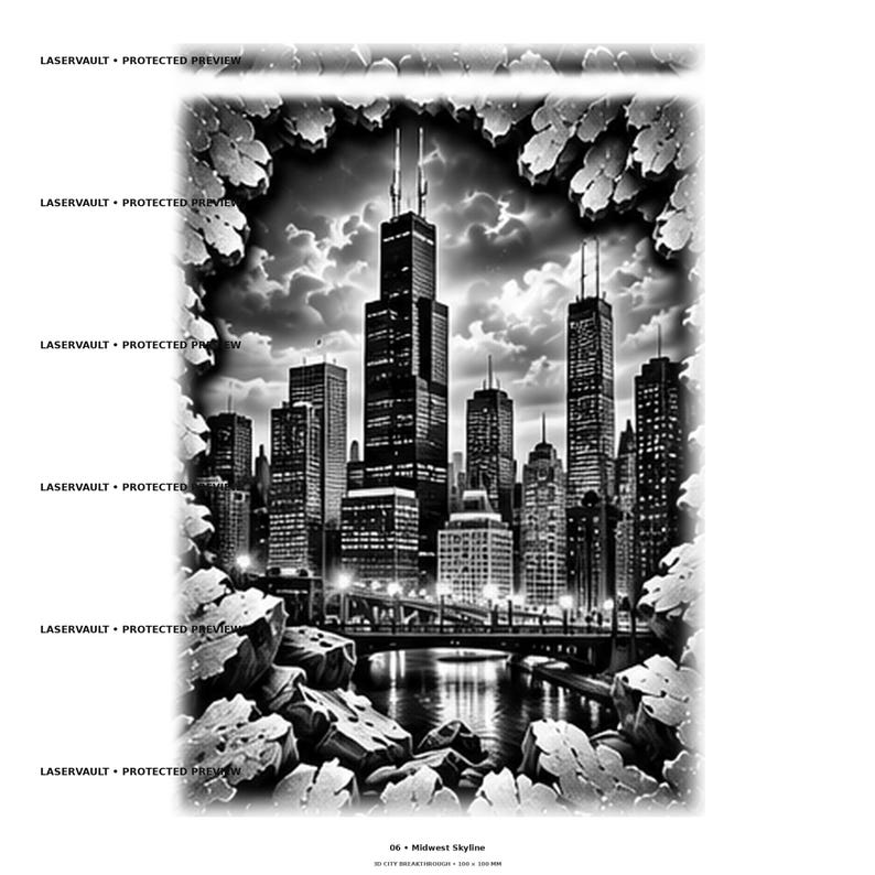 Pode incluir: Uma impress&atilde;o gr&aacute;fica em preto e branco intitulada 06 Midwest Skyline, mostrando o horizonte de uma cidade visto atrav&eacute;s de uma abertura em uma parede de pedra quebrada. Inclui arranha-c&eacute;us, uma ponte e o texto LASERVAULT PROTECTED PREVIEW.