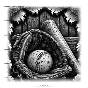 May include: A black and white graphic illustration featuring a baseball glove, a baseball, and a wooden bat set against a vertical wooden plank background. The text LASERVAULT PROTECTED PREVIEW appears repeatedly on the left, with 06 Glove and Ball below.