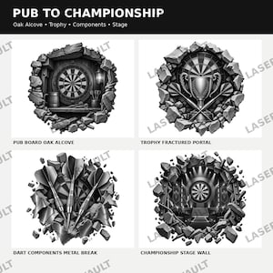 Puede incluir: Una colecci&oacute;n de cuatro ilustraciones circulares en blanco y negro tituladas PUB TO CHAMPIONSHIP. Los dise&ntilde;os muestran una diana en una alcoba de roble, un trofeo con dardos cruzados, tres dardos y un escenario de campeonato, todo enmarcado por piedra fracturada.