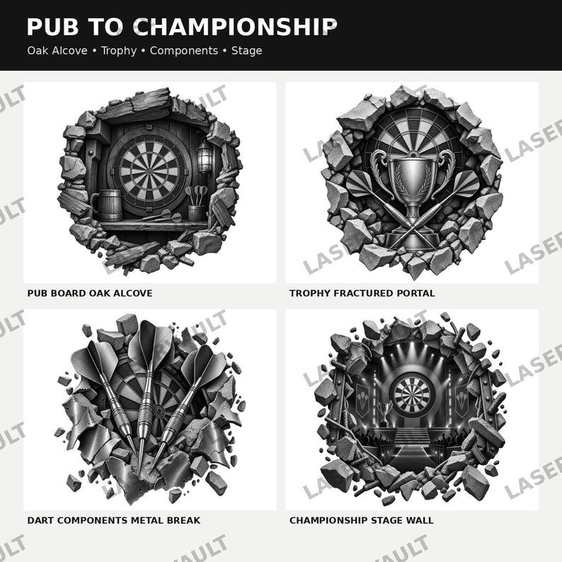 Puede incluir: Una colecci&oacute;n de cuatro ilustraciones circulares en blanco y negro tituladas PUB TO CHAMPIONSHIP. Los dise&ntilde;os muestran una diana en una alcoba de roble, un trofeo con dardos cruzados, tres dardos y un escenario de campeonato, todo enmarcado por piedra fracturada.