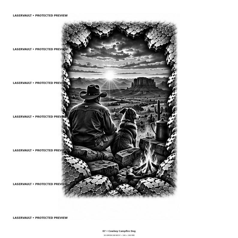 Puede incluir: Una ilustraci&oacute;n gr&aacute;fica en blanco y negro titulada 07 Cowboy Campfire Dog, 100 x 100 mm. Muestra a un vaquero y un perro sentados junto a una fogata, mirando un paisaje des&eacute;rtico con monta&ntilde;as y una puesta de sol, enmarcado por rocas.