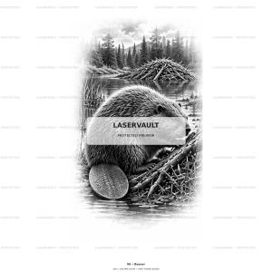 Op de afbeelding: Een zwart-witillustratie van een bever die bij een rivieroever zit met een beverburcht op de achtergrond. De afbeelding bevat de tekst LASERVAULT PROTECTED PREVIEW in het midden en 06 Beaver 100 x 100 mm slate onderaan de afbeelding.