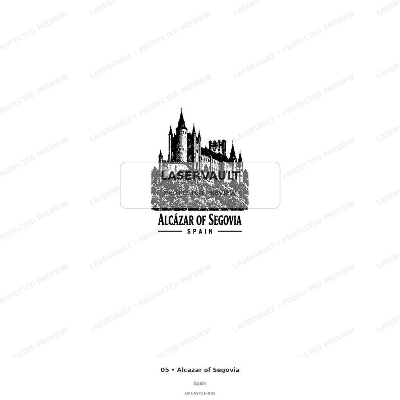 Puede incluir: Una ilustraci&oacute;n gr&aacute;fica en blanco y negro del castillo Alc&aacute;zar de Segovia en Espa&ntilde;a, con torres y muros de piedra detallados. El texto LASERVAULT PROTECTED PREVIEW est&aacute; superpuesto, con las palabras ALC&Aacute;ZAR OF SEGOVIA SPAIN impresas debajo.