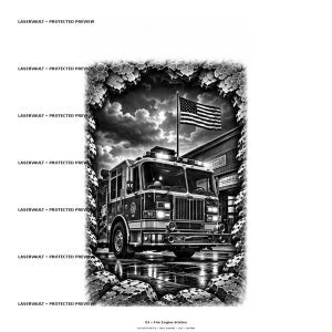 May include: A black and white graphic illustration of a fire engine parked in front of a fire station with an American flag flying above. The scene is framed by a textured, stone-like border and includes the repeated text LASERVAULT PROTECTED PREVIEW.