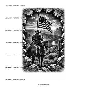 Puede incluir: Un dise&ntilde;o gr&aacute;fico en blanco y negro que muestra a un vaquero a caballo sosteniendo una bandera estadounidense. La escena representa un paisaje des&eacute;rtico con cactus, monta&ntilde;as y un amanecer, enmarcado por un borde de piedra agrietada. Texto 09 Patriotic Horse Rider.