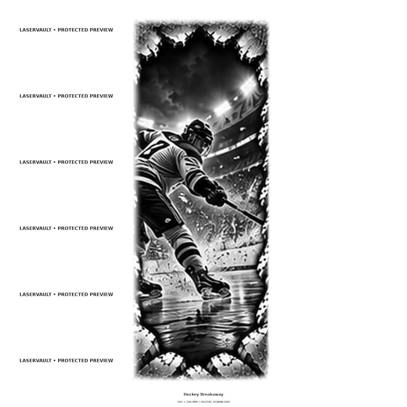 May include: A black and white digital illustration of a hockey player in a jersey and helmet performing a breakaway shot on ice. The scene is framed by a jagged, torn-paper effect with the repeated text LASERVAULT PROTECTED PREVIEW.