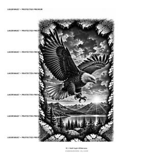 May include: A black and white graphic print titled 01 Bald Eagle Wilderness featuring a bald eagle in flight over a mountain lake landscape at sunrise, framed by a textured border with the repeated text LASERVAULT PROTECTED PREVIEW.