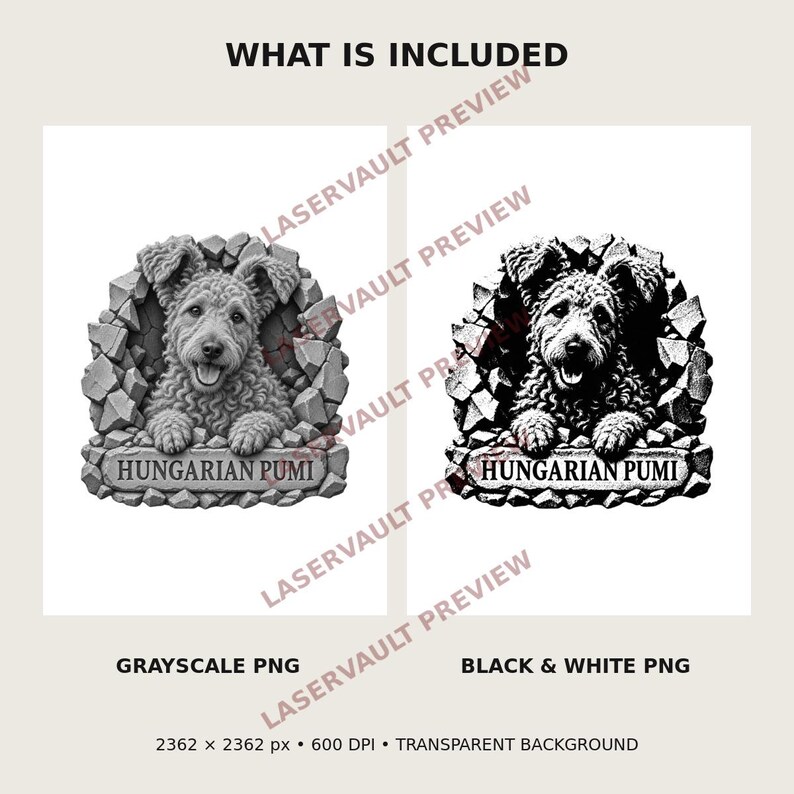 May include: A digital graphic featuring a Hungarian Pumi dog with curly fur peering through a stone wall opening. The dog rests its paws on a stone ledge labeled HUNGARIAN PUMI. The set includes a grayscale PNG and a black and white PNG version.