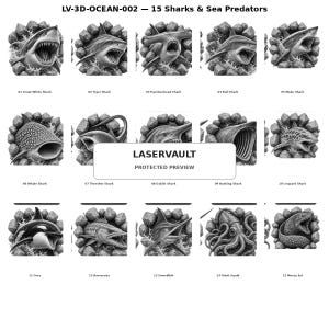Op de afbeelding: Een verzameling van 15 zwart-witillustraties met het label LV-3D-OCEAN-002, met diverse haaien en zeeroofdieren zoals de witte haai, hamerhaai en reuzeninktvis, elk komend uit een rotsachtig cirkelvormig frame met de tekst LASERVAULT.