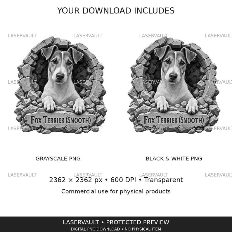 May include: A digital graphic featuring two identical illustrations of a Smooth Fox Terrier dog peering through a circular hole in a stone wall. Below the dog, a stone plaque displays the text Fox Terrier (Smooth). The image includes technical specifications.