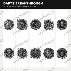 May include: A collection of ten black and white digital designs titled DARTS BREAKTHROUGH, featuring dartboards and darts emerging from shattered stone textures. Each circular graphic displays detailed imagery of darts, trophies, and boards.