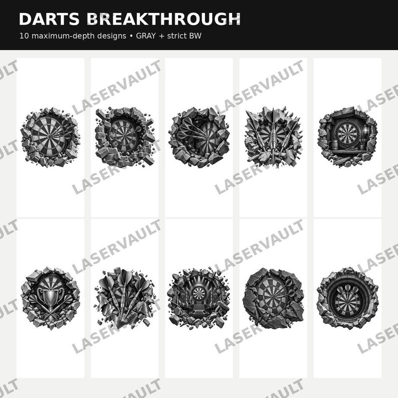 Puede incluir: Una colecci&oacute;n de diez dise&ntilde;os digitales en blanco y negro titulados DARTS BREAKTHROUGH, que muestran dianas y dardos emergiendo de texturas de piedra rota. Cada gr&aacute;fico circular muestra im&aacute;genes detalladas de dardos, trofeos y dianas.