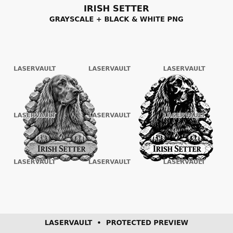 Pode incluir: Duas ilustra&ccedil;&otilde;es digitais de um c&atilde;o Setter irland&ecirc;s emoldurado por pedras. Uma vers&atilde;o est&aacute; em tons de cinza e a outra em preto e branco de alto contraste. Ambas apresentam o texto IRISH SETTER numa placa de pedra com marcas de &aacute;gua.