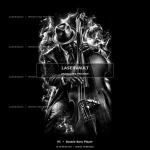 May include: A black and white digital illustration of a musician wearing a fedora and suit, playing a double bass. The figure is surrounded by swirling smoke effects. The text LASERVAULT PROTECTED PREVIEW appears centrally, with 05 DOUBLE BASS PLAYER below.