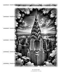 Pode incluir: Uma ilustra&ccedil;&atilde;o digital a preto e branco de um arranha-c&eacute;us com telhado pontiagudo e escalonado, rodeado por um horizonte urbano ao p&ocirc;r do sol. A imagem &eacute; emoldurada por uma borda de pedra irregular e apresenta o texto LASERVAULT PROTECTED PREVIEW.