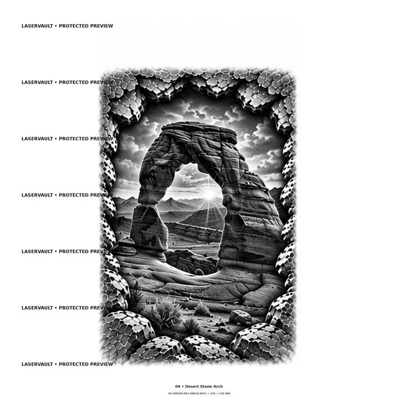 May include: A black and white graphic print titled 04 Desert Stone Arch, 30 American Landscapes, 200 x 200 mm. The image features a natural stone arch formation in a desert landscape with a sunburst, framed by a textured, honeycomb-like border.