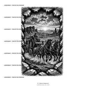 May include: A black and white graphic illustration of a western stagecoach pulled by two horses, travelling through a desert landscape with rock formations and a sunlit sky. The image is framed by a textured, honeycomb-patterned border.