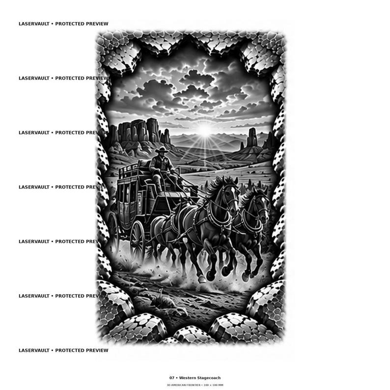 May include: A black and white graphic illustration of a western stagecoach pulled by two horses, travelling through a desert landscape with rock formations and a sunlit sky. The image is framed by a textured, honeycomb-patterned border.